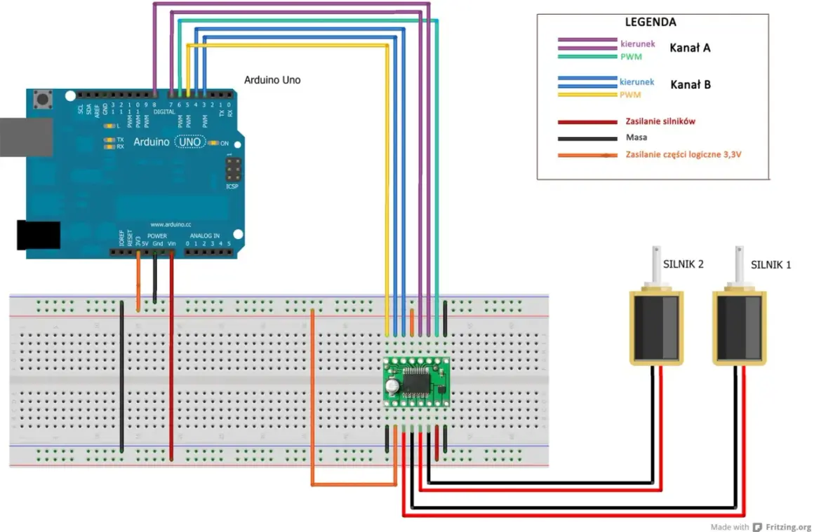 Schemat połączeń Arduino Uno z mostkiem H i dwoma silnikami. Zasilanie, masa i sygnały sterujące biegną przez płytkę stykową.