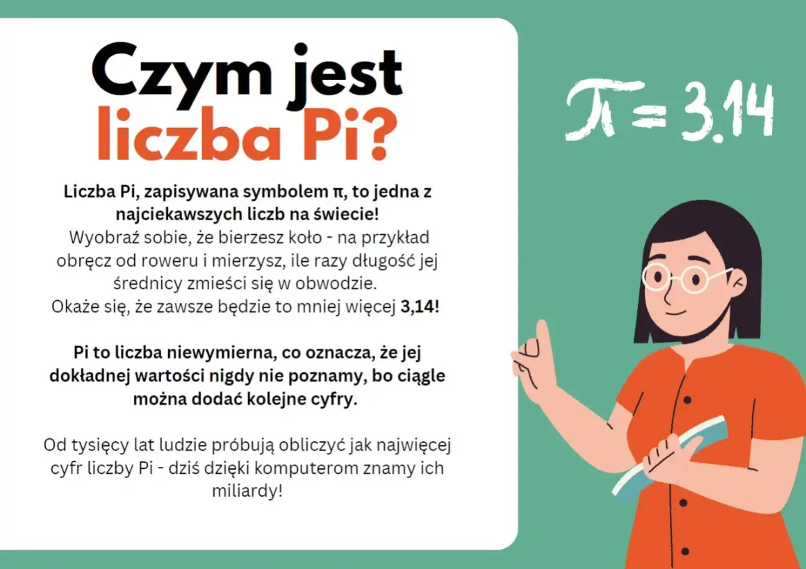 Ilustracja przedstawia kobietę z okularami wskazującą na symbol Pi i jego przybliżoną wartość 3.14.