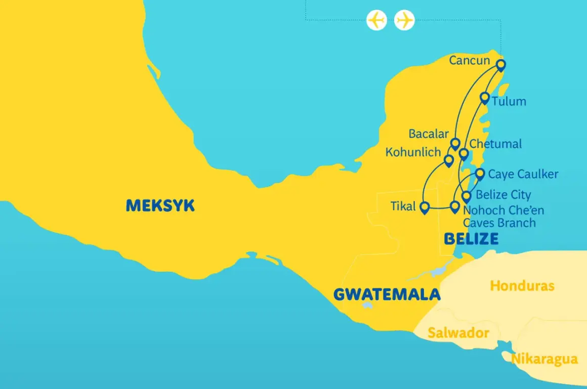 Mapa z trasą podróży po Meksyku i Belize. Planujesz belize wakacje? Zobacz trasę przez Cancun, Tulum, Tikal i Belize City.