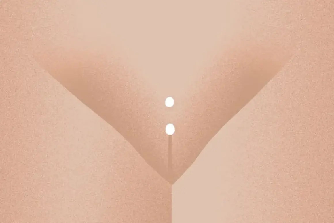Ilustracja przedstawiająca kobiece okolice intymne z dwoma białymi koralikami piercingu.