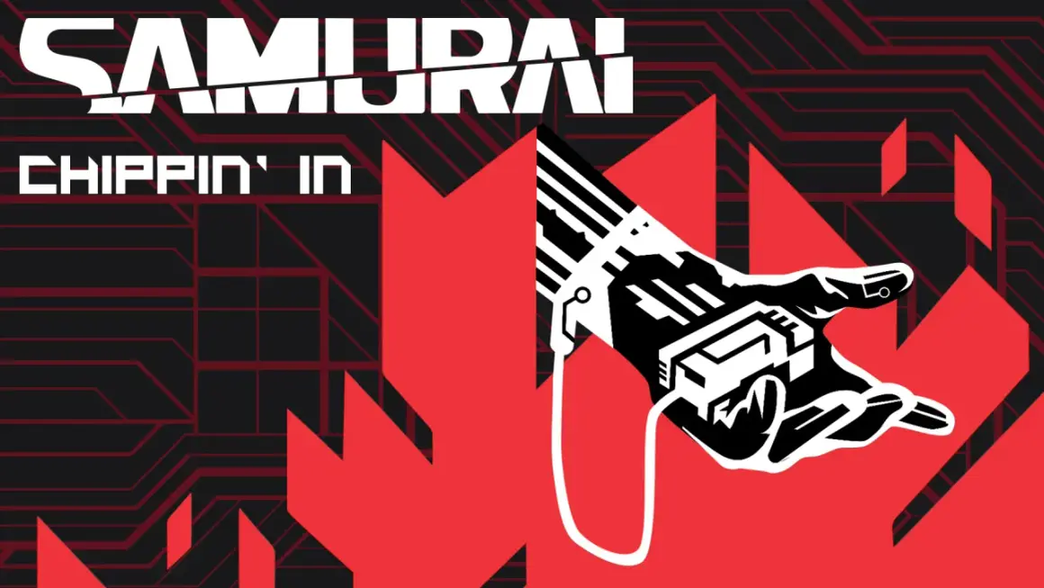 Cyberpunkowy **samurai** z mechaniczną dłonią, gotowy do akcji.