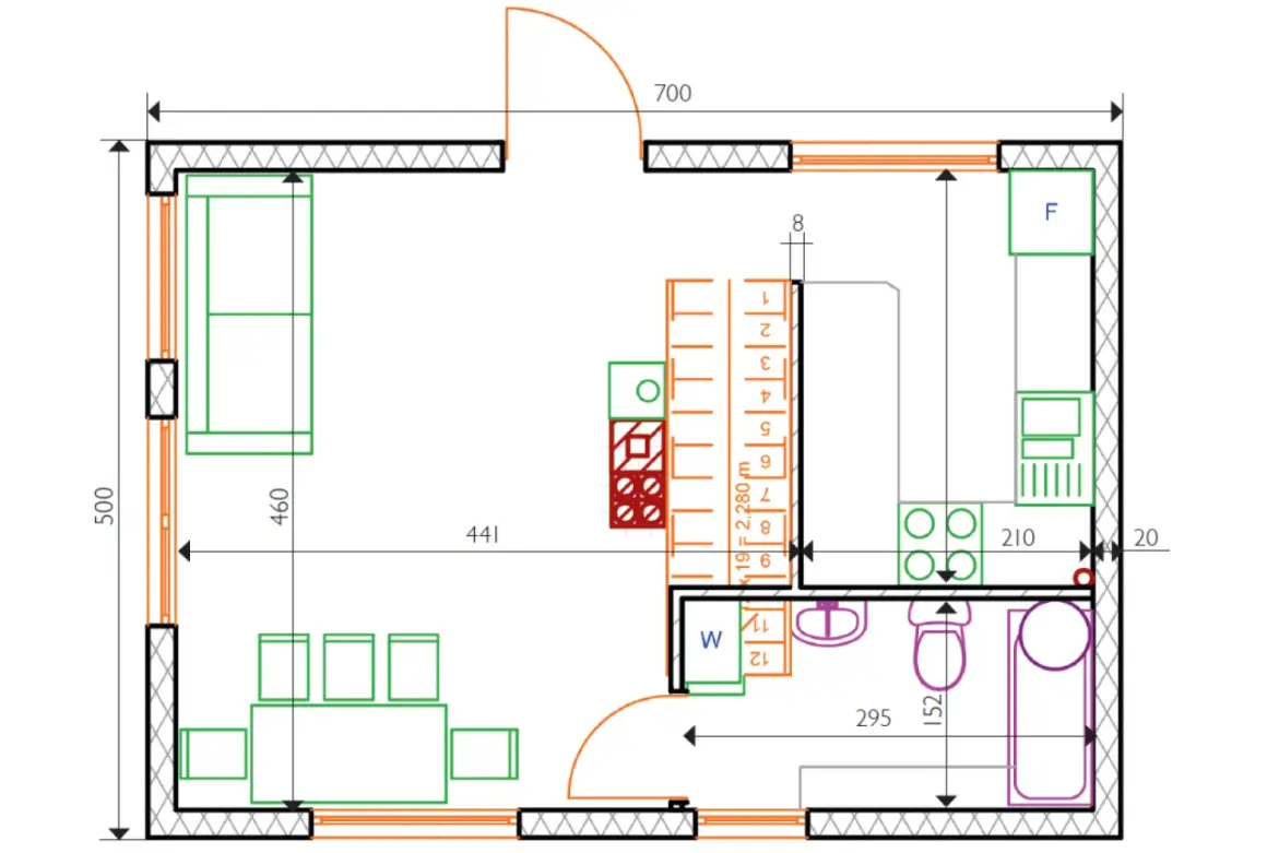Projekt całorocznych domków 35m2 z poddaszem: salon, kuchnia, łazienka i sypialnia.