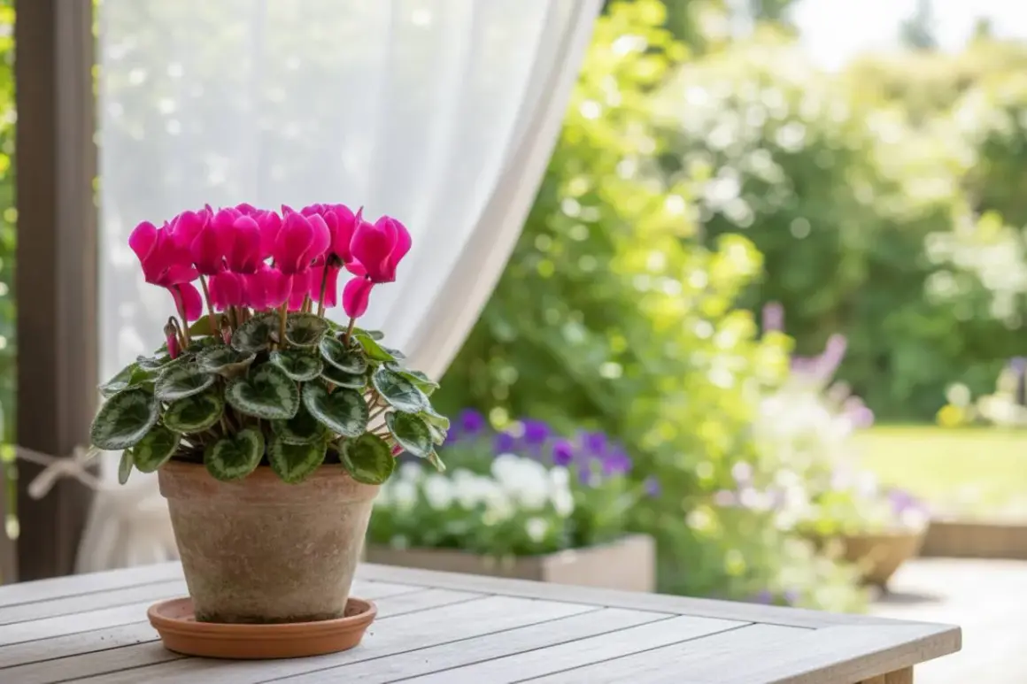Un vaso di ciclamino rosa fiorito su un tavolo di legno, con un giardino rigoglioso sullo sfondo. La cura del ciclamino è fondamentale per la sua fioritura.
