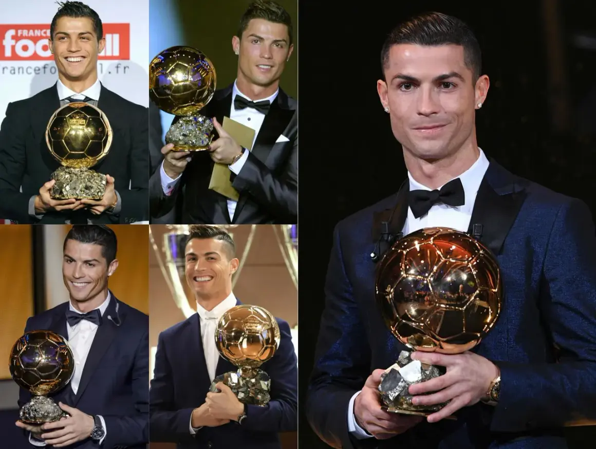 Cristiano Ronaldo z Złotą Piłką w różnych momentach kariery.