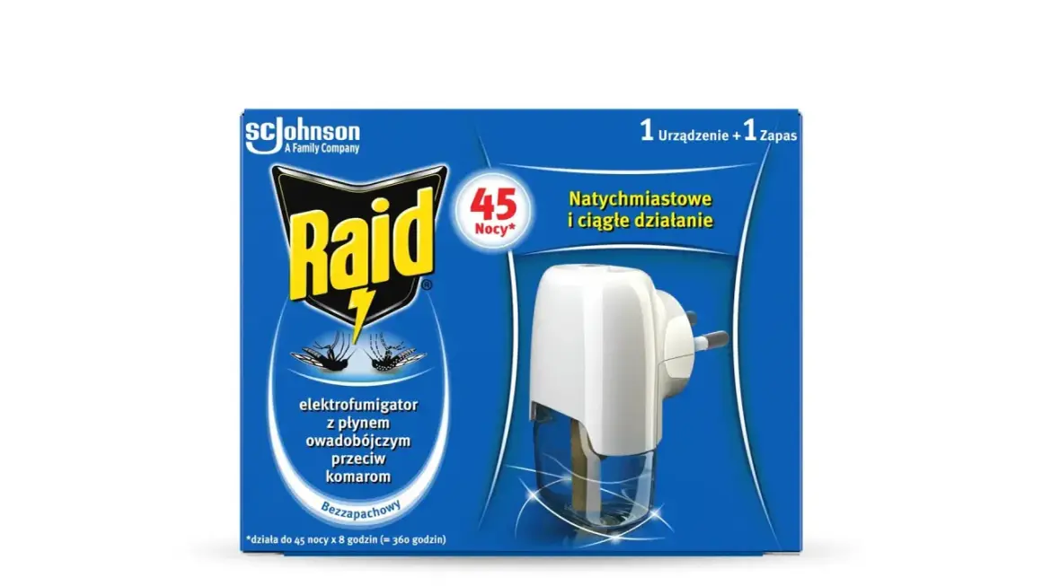 Elektrofumigator Raid z płynem przeciw komarom. Skuteczna pułapka na komary, działa 45 nocy.