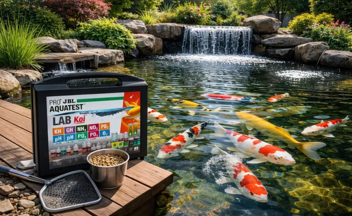 Un kit de test JBL pour bassin de carpes koï, montrant qu'est-ce que les nitrites (NO2) et d'autres paramètres essentiels pour une eau saine.