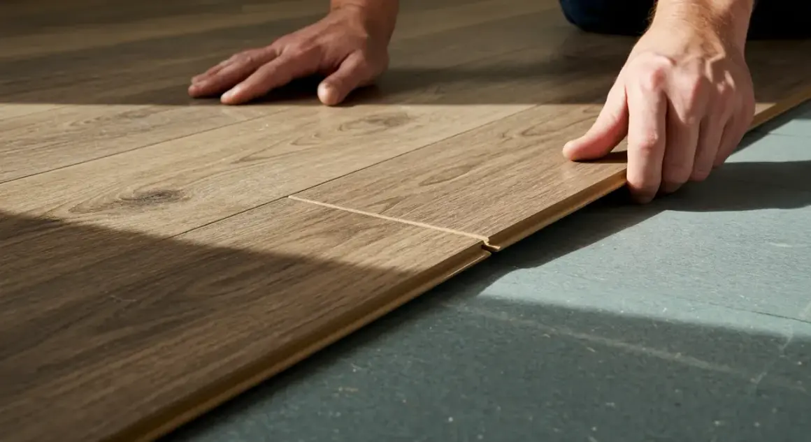 Hands demonstrate how to lay laminate flooring in a hallway, clicking planks together for a seamless finish.