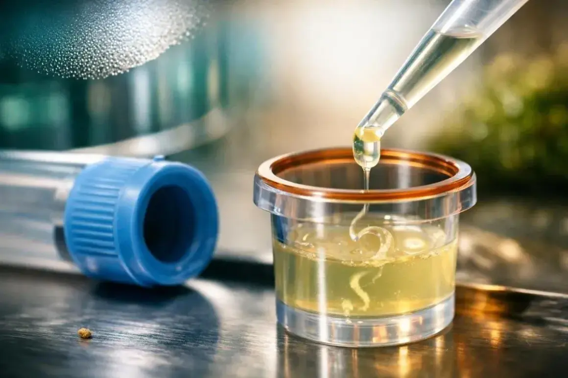 Kropla płynu z pipety wpada do naczynia laboratoryjnego, gdzie czeka już próbka. Czy to początek analizy, co to jest?