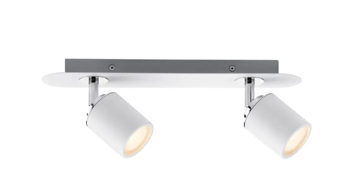 Nowoczesna lampa sufitowa tuba z dwoma reflektorami, idealna do podkreślenia detali w pomieszczeniu.