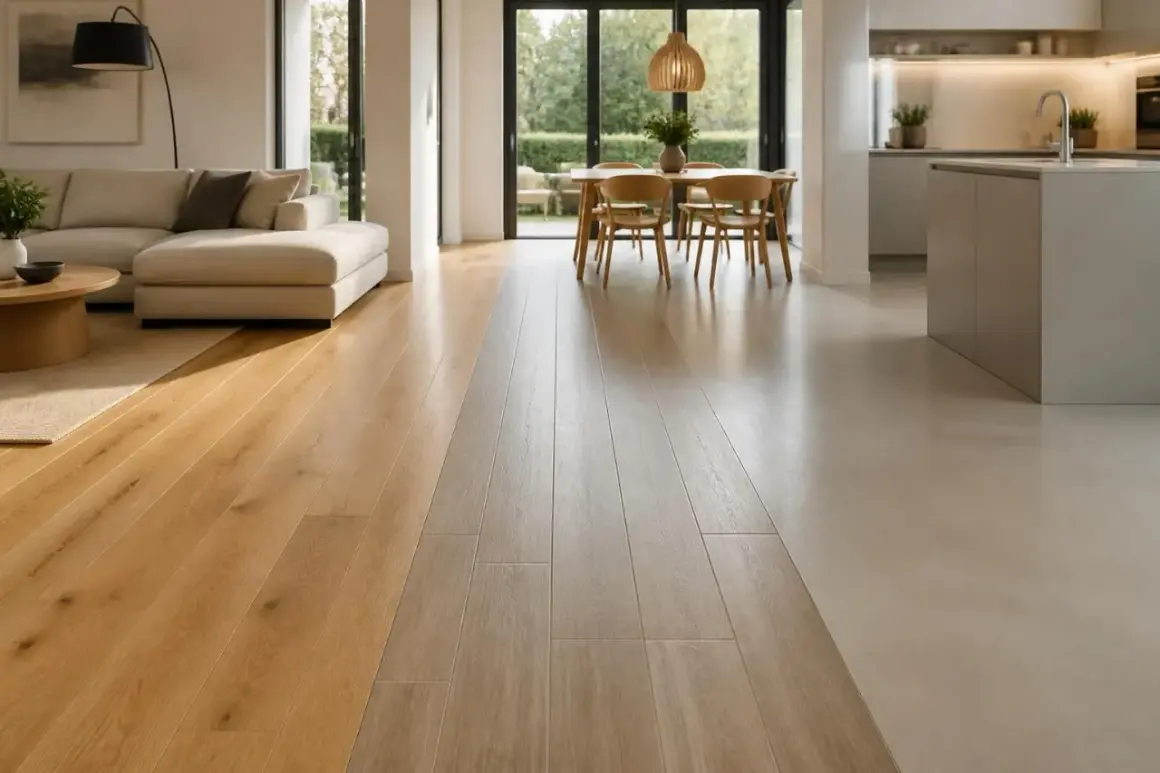 Un soggiorno moderno con pavimenti in legno e resina che si incontrano, creando un contrasto elegante. La resina, materiale versatile, dona un tocco contemporaneo.