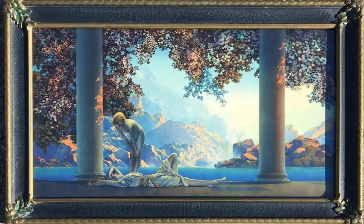 A painting of two figures in a classical setting, bathed in the soft light of daybreak. Mountains and water form a serene backdrop.