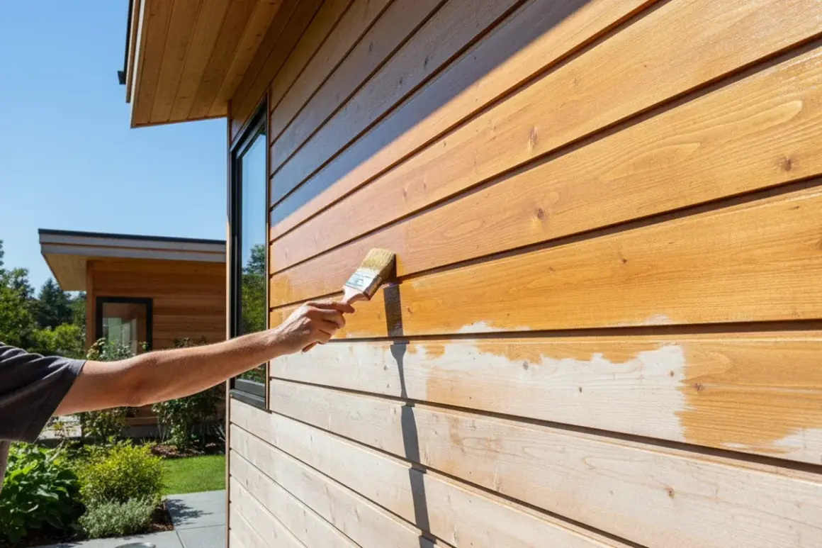 Application d'une lasure sur un bardage en bois. La lasure protège et embellit le bois, lui donnant une teinte chaude et naturelle.