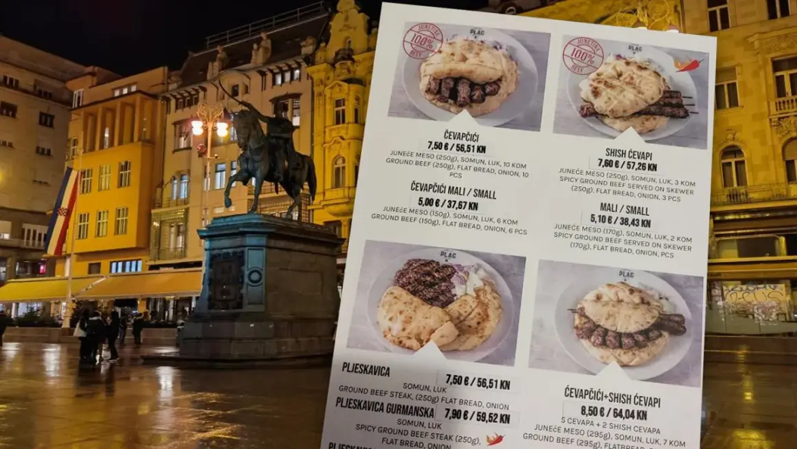 Menu z chorwackim jedzeniem: ćevapčići, pljeskavica i shish ćevapi. Smaki Chorwacji na talerzu.