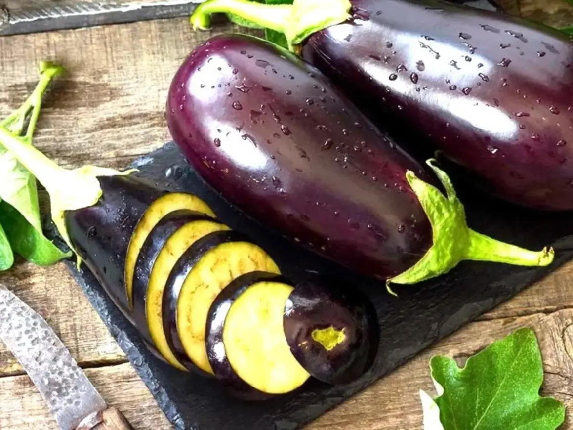 Berenjenas frescas, una cortada en rodajas, mostrando su interior amarillo. ¡Se puede comer la berenjena cruda!