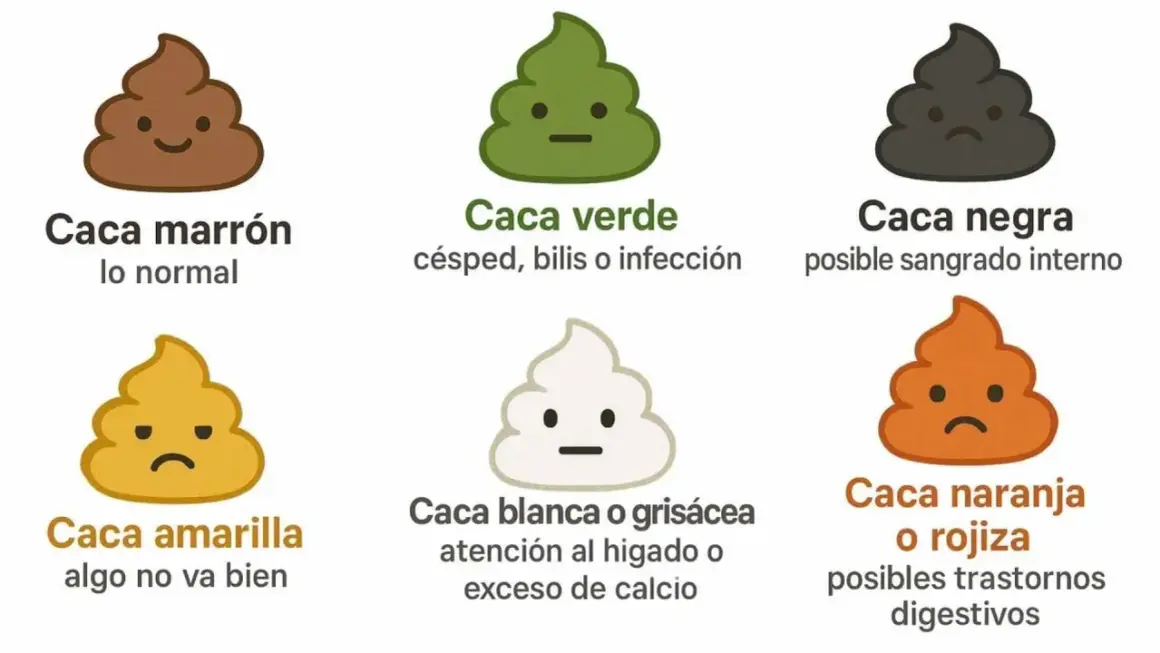 Seis tipos de caca de perro: marrón (normal), verde (infección), negra (sangrado), amarilla (malestar), blanca/grisácea (hígado/calcio) y naranja/rojiza (digestivo).