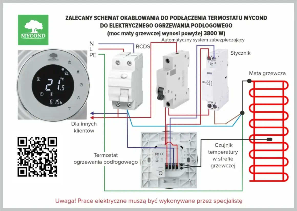 Schemat podłączenia termostatu Mycond do ogrzewania podłogowego. Pokazuje, jak działa termostat pokojowy, łącząc matę grzewczą, czujnik temperatury i zabezpieczenia.
