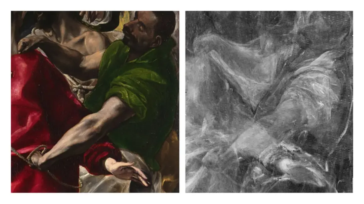 Detalle de una pintura del Greco, mostrando figuras dramáticas y ropajes vibrantes junto a una imagen de rayos X que revela la estructura subyacente.