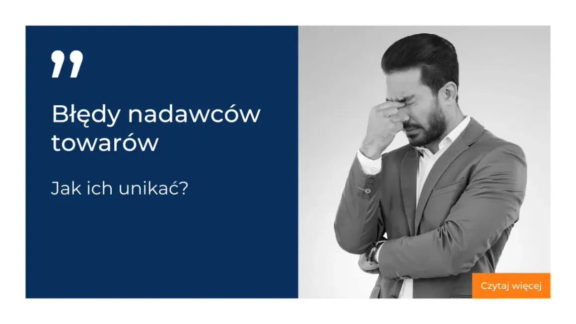 Mężczyzna w garniturze z bólem głowy, tekst: Błędy nadawców towarów. Jak ich unikać? OWP.