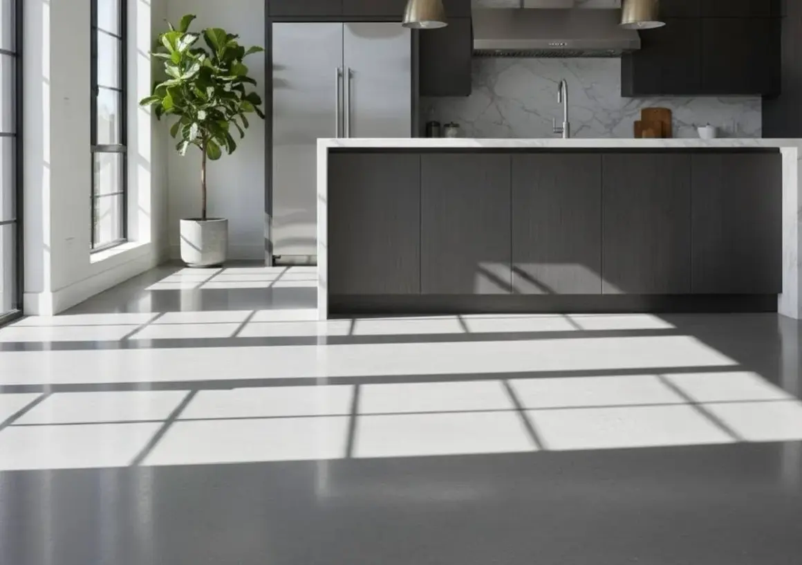 Luminosa cucina moderna con isola centrale e pavimento in resina. La luce solare crea un gioco di ombre sul pavimento, evidenziando la texture. La poliresina, materiale versatile, è ideale per pavimenti resistenti e dall'estetica contemporanea.