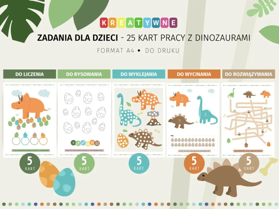 Karty pracy z dinozaurami: liczenie, rysowanie, wyklejanie, wycinanie i rozwiązywanie labiryntów. Idealne na dzień dinozaura!