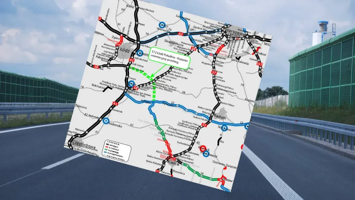 Mapa drogowa z zaznaczoną trasą S8, łączącą Łódź z okolicami Warszawy i dalej na południe. Widok z perspektywy kierowcy.