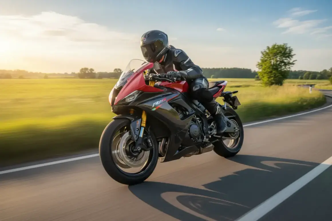Ein Motorradfahrer rast auf einer Landstraße, die Sonne scheint. Hoffentlich kein Motorrad Blitzer auf dieser Strecke!