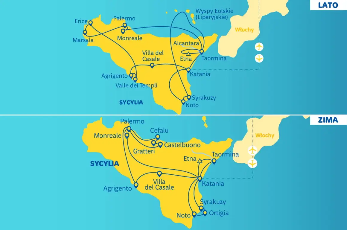 Sycylia wycieczka objazdowa Itaka: mapy tras Lato i Zima pokazują Palermo, Katania, Etna, Syrakuzy i inne miejsca.