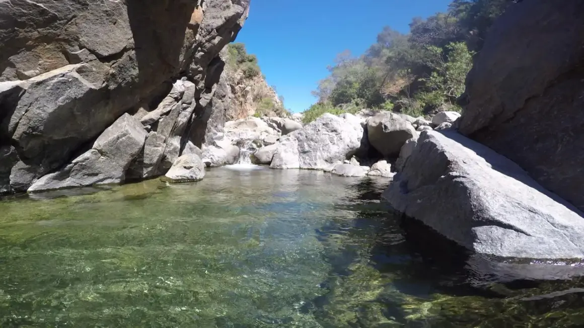 Agua cristalina en la charca de las nutrias, rodeada de rocas y vegetación bajo un cielo azul.