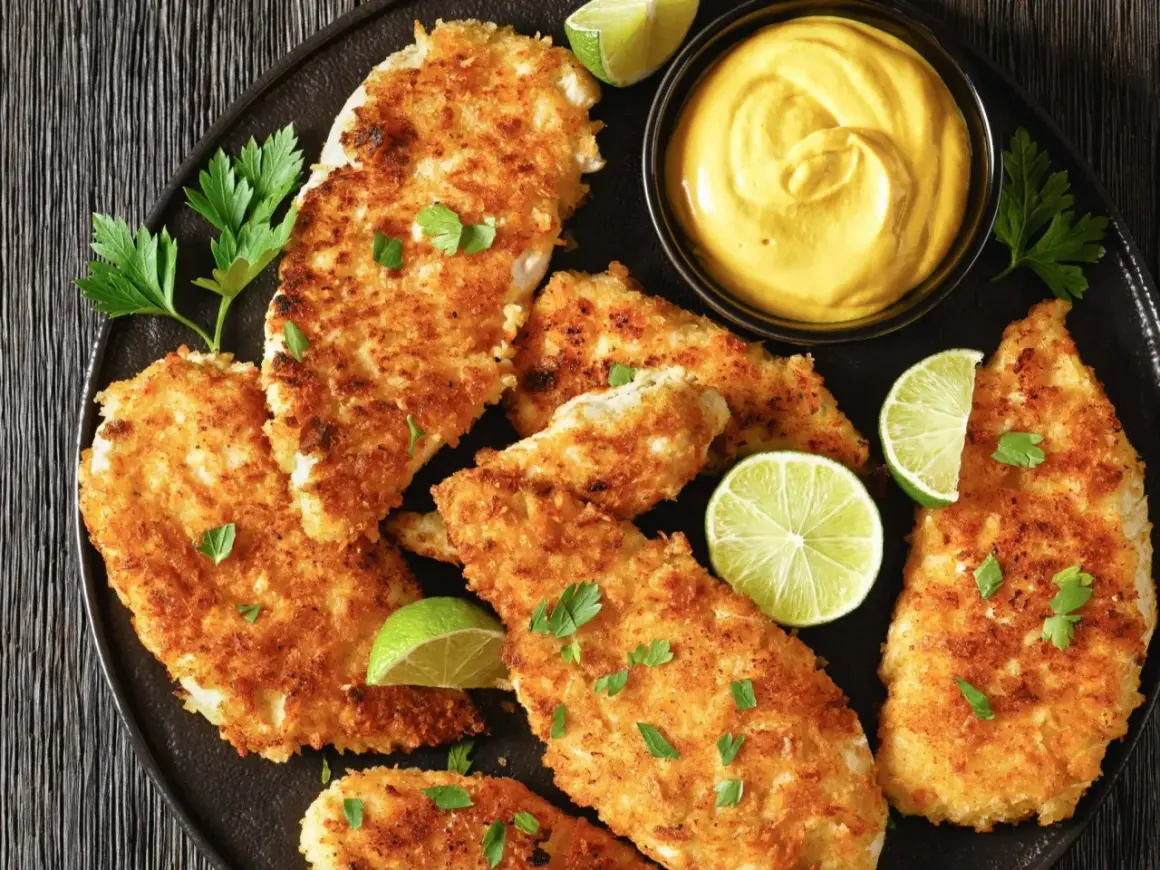 Chrupiący kotlet z piersi kurczaka, podany z sosem i limonką. Idealny na szybki obiad.