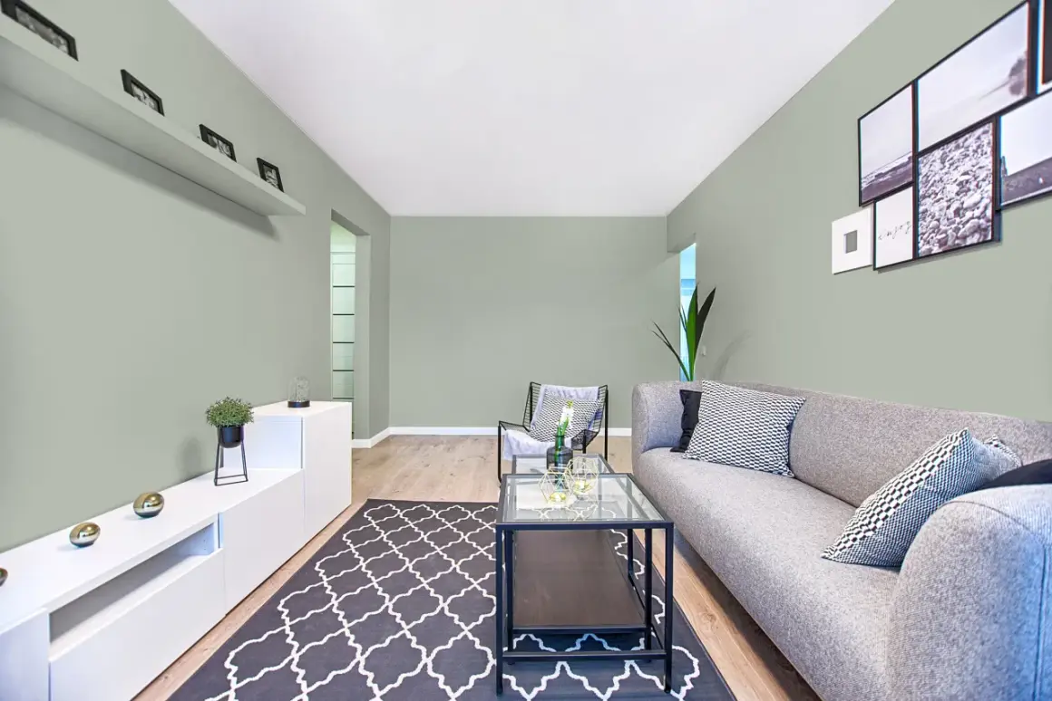 Quel mur peindre pour agrandir une pièce étroite ? Ce salon moderne aux murs vert pâle, avec un canapé gris et des cadres photos, offre une ambiance apaisante.