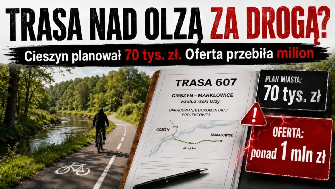 Rowerzysta na ścieżce wzdłuż Olzy. Cieszyn planował trasę za 70 tys. zł, oferta przekroczyła milion. #rowerowycieszyn