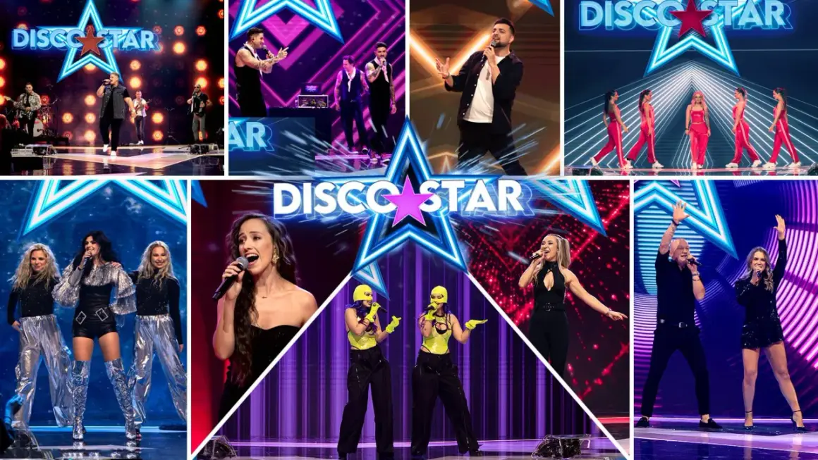 Kolaż zdjęć z programu Disco Star: wykonawcy śpiewający na scenie, tancerze w czerwonych strojach, wokalistki w błyszczących kreacjach.