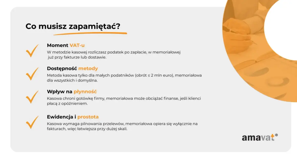 Kluczowe aspekty metody kasowej VAT: moment rozliczenia, dostępność, wpływ na płynność i prostota ewidencji.