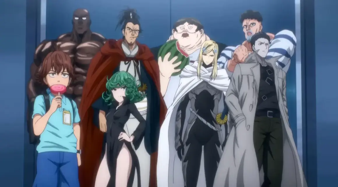 Helden der Helden-Assoziation, darunter ein Junge mit Lutscher, Tatsumaki und andere, bereit für One Punch Man Season 3.