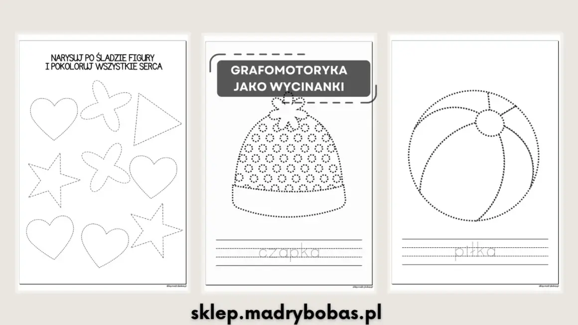 Zestaw ćwiczeń grafomotorycznych do wycinania po śladzie: serca, gwiazdki, trójkąt, czapka i piłka.