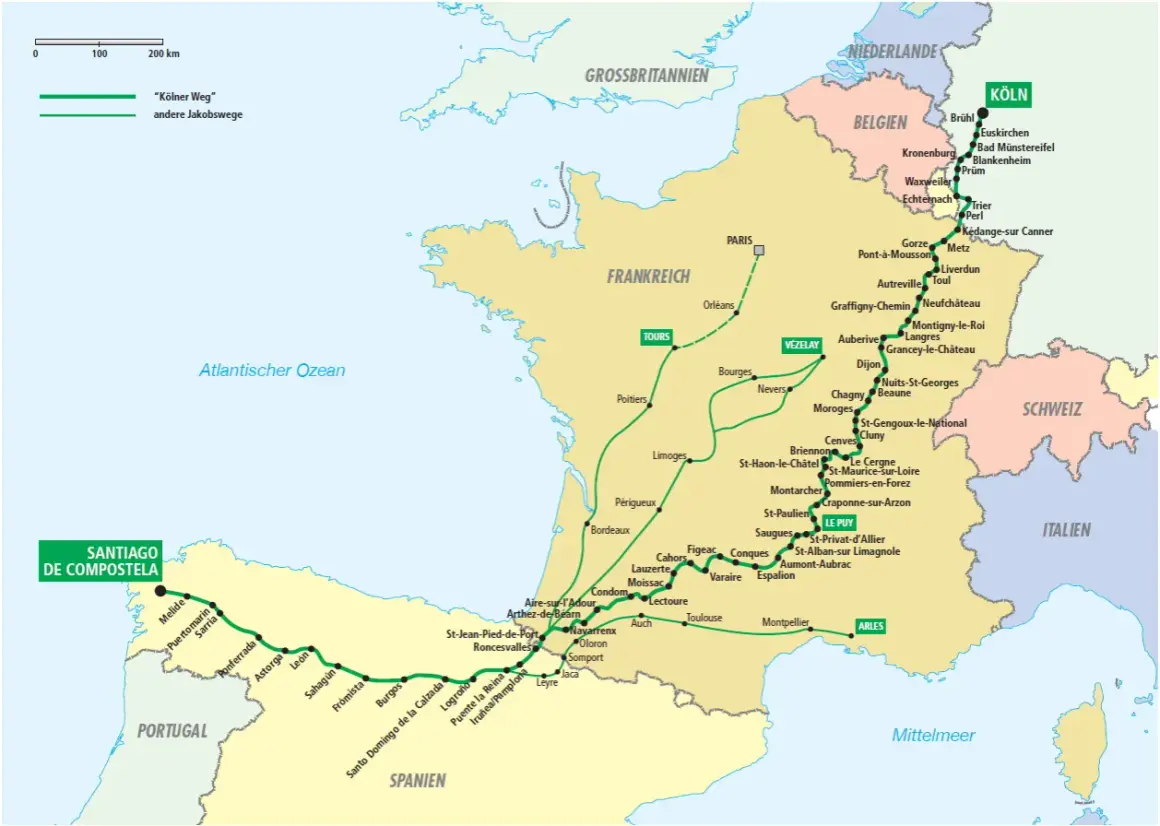 Karte zeigt den Jakobsweg von Köln nach Santiago de Compostela. Der "Kölner Weg" ist als Hauptroute markiert.
