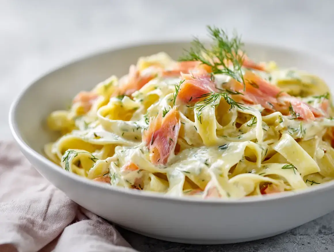 En skål med krämig pasta med laxsås, toppad med dill och laxbitar. En riktig svensk klassiker!