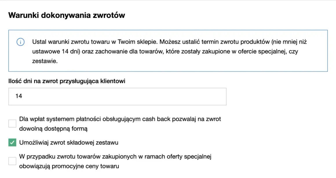 Ustaw termin zwrotu towaru na 14 dni. To ile czasu na rozpatrzenie reklamacji jest kluczowe dla klienta.