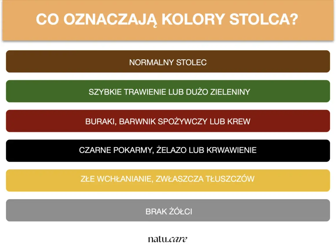 Kolory stolca: brązowy to prawidłowy kolor, zielony to szybkie trawienie, czerwony to buraki lub krew, czarny to żelazo lub krwawienie, żółty to złe wchłanianie, szary to brak żółci.