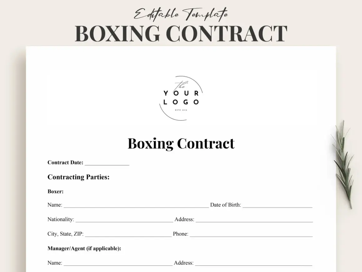 Boxing contract template for a fight promoter, detailing boxer and manager information.
