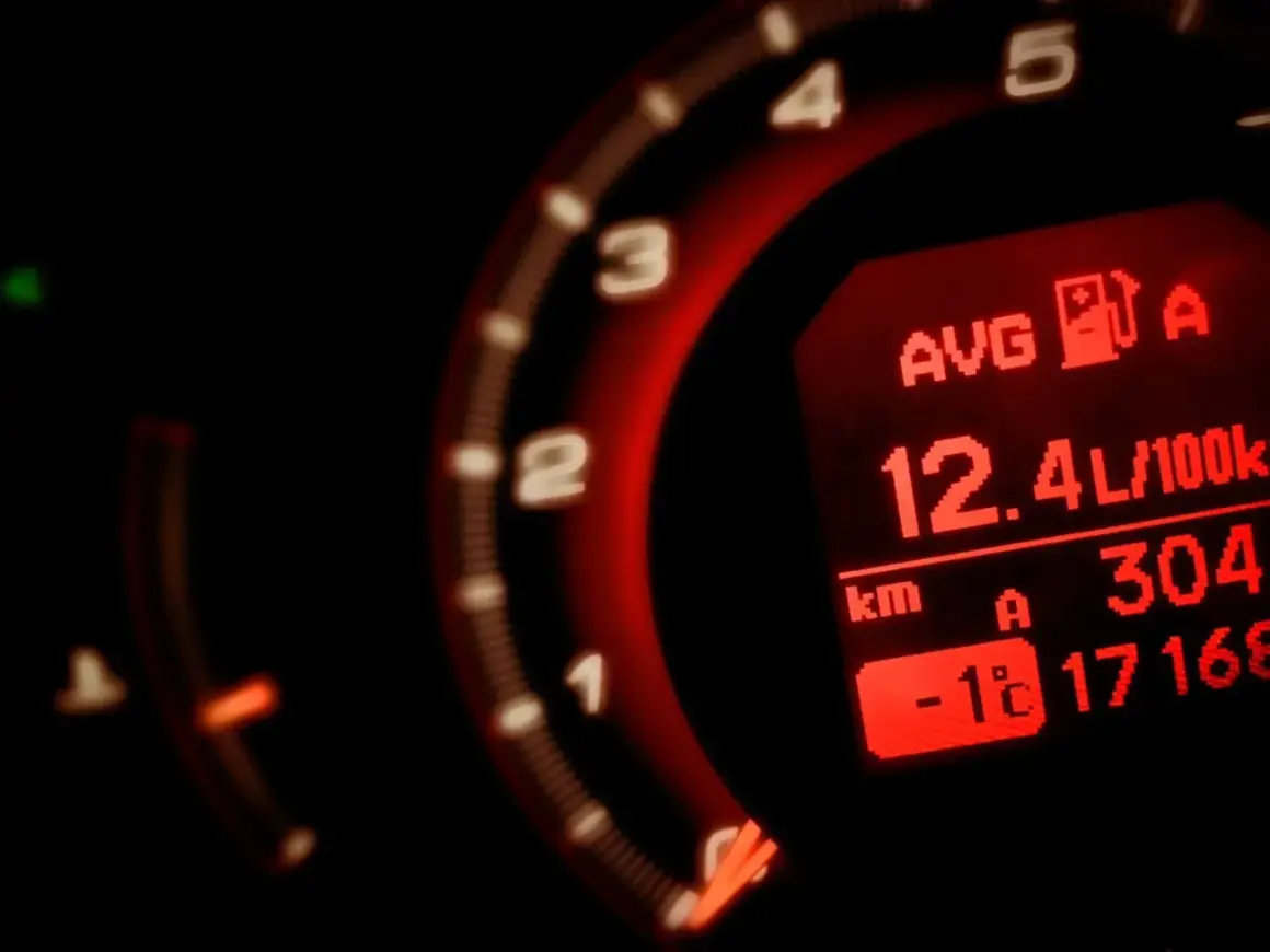 Wyświetlacz pokazuje, jak obliczyć ile auto pali: średnie spalanie 12.4L/100km. Widoczny też dystans i temperatura.