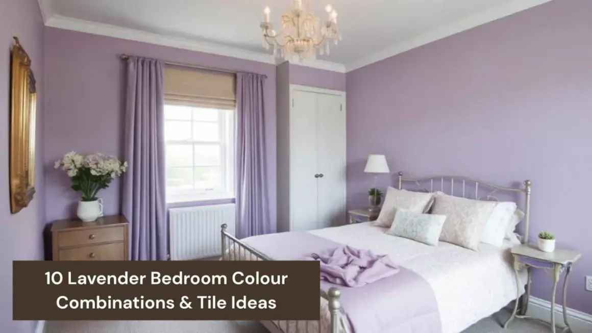 A serene bedroom featuring various lavender color shades on the walls, curtains, and bedding. A crystal chandelier hangs above.