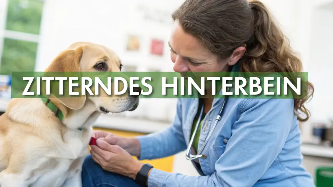 Tierärztin untersucht einen Hund, dessen hinteres Bein zittert.
