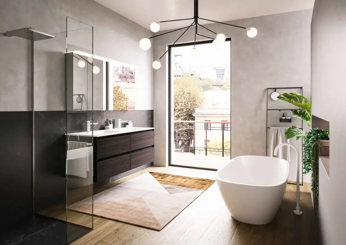 Bagno moderno con vasca freestanding, doppio lavabo e doccia walk-in. Il tappeto geometrico e le tonalità neutre creano un'atmosfera di colore bagno rilassante.