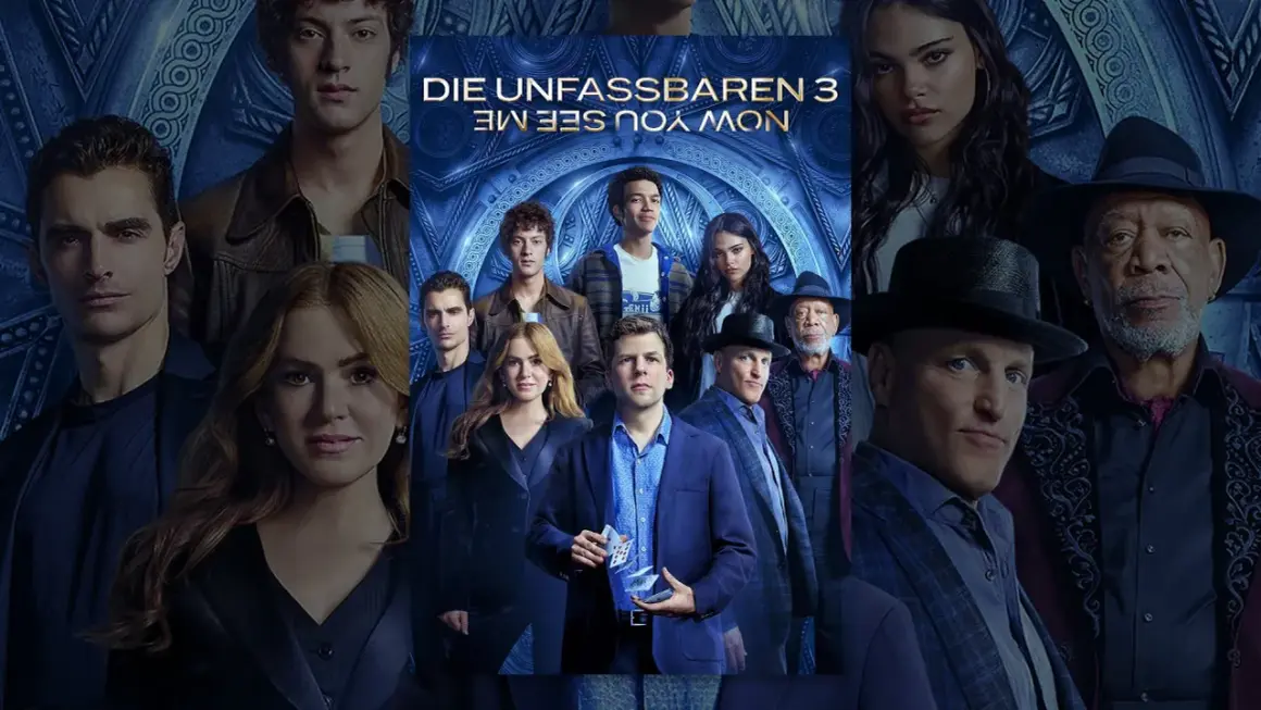 Das Plakat zu "Die Unfassbaren 3" zeigt die Hauptdarsteller, die für den Stream bereit sind.