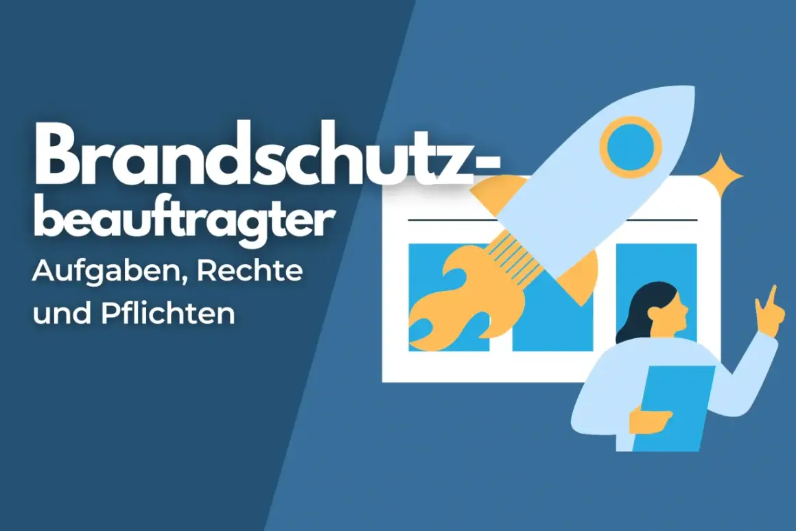 Brand- und Arbeitsschutz: Ein Sicherheitsfachkraft-Beauftragter mit Rakete und Dokumenten, der über Aufgaben, Rechte und Pflichten informiert.