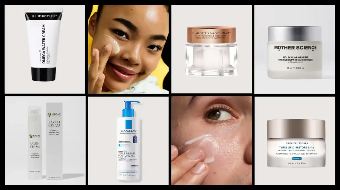 Varias cremas para el cuidado de la piel, incluyendo una crema función barrera para que sirve a reparar la piel.