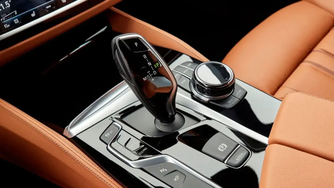 Palanca de cambio Steptronic BMW 8 velocidades en un interior de cuero marrón.