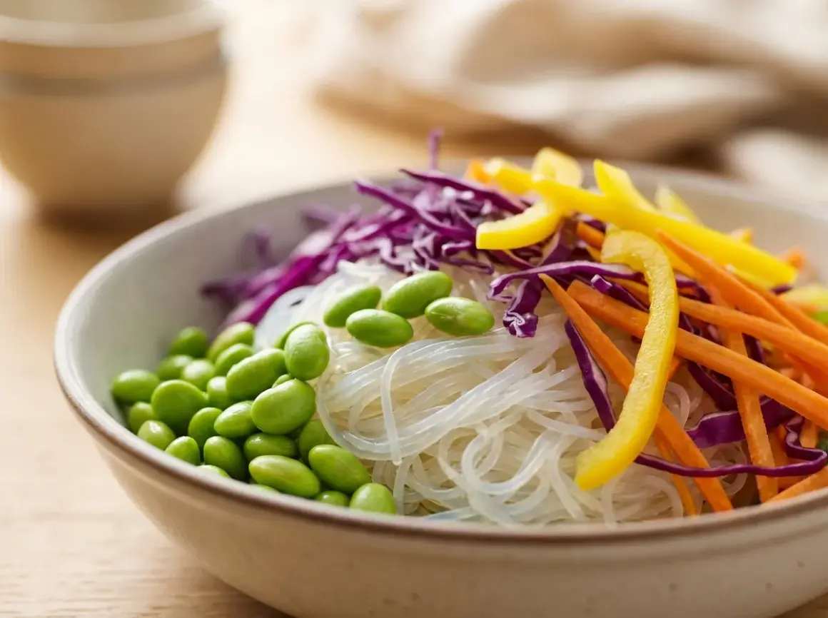 Schüssel mit Glasnudeln, Edamame, Rotkohl, Karotten und gelbem Paprika. Sind Glasnudeln gesund? Ja, sie sind eine leichte und nährstoffreiche Option.