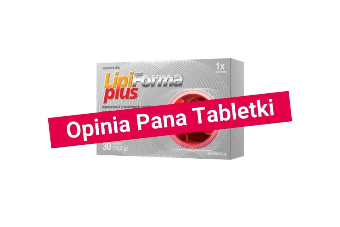 Opakowanie suplementu diety LipiForma Plus, zawierającego leki na cholesterol. Na opakowaniu widnieje napis "Opinia Pana Tabletki".